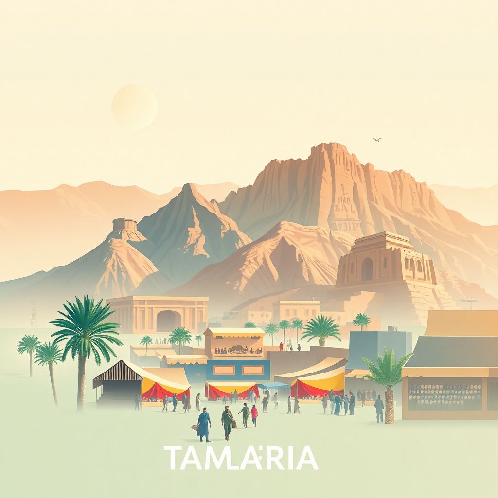 Ultra-high-definition gradient illustration of Tamanrasset, Algeria, featuring the Hoggar Mountains, ancient rock art of Tassili n'Ajjer, and vibrant markets.