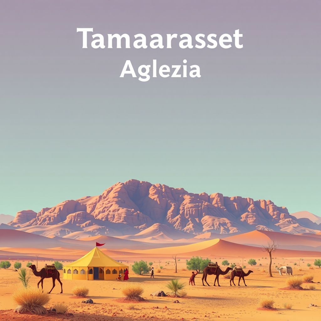 Ultra-high-definition gradient illustration of Tamanrasset, Algeria, featuring the Assekrem plateau, ancient rock art, and Tuareg culture.