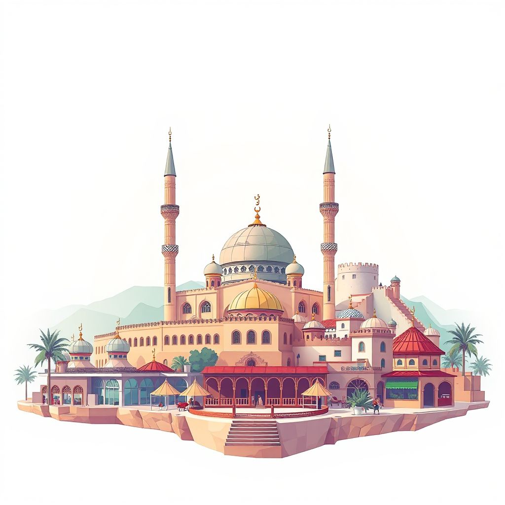 Ultra-high-definition gradient illustration style Commune de Tadjenanet illustration, showing the unique charm of the Tadjenanet Mosque, the Tadjenanet Market, and the Tadjenanet Fort.
