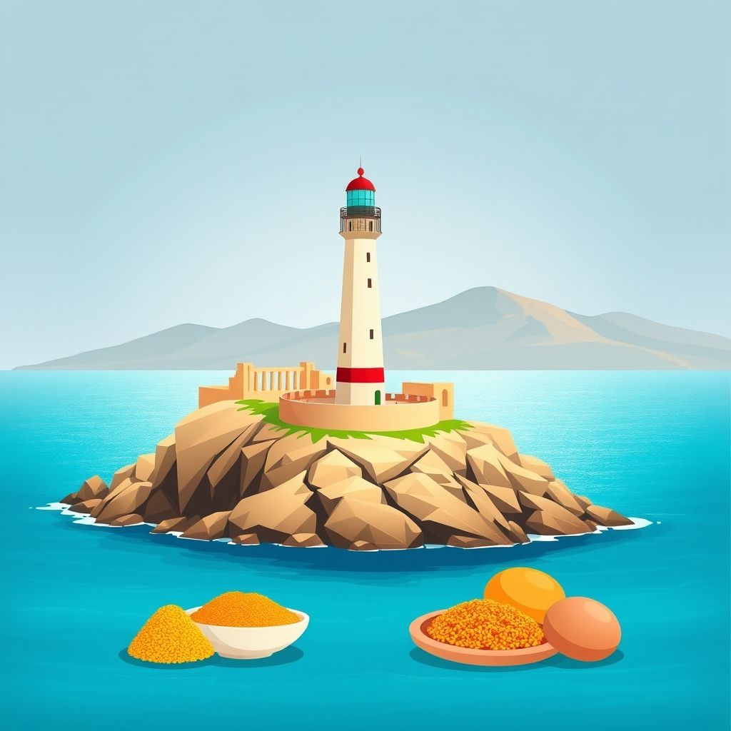 High-definition gradient illustration of Stidia, featuring the lighthouse, Mediterranean coastline, Roman ruins, and local delicacies like couscous and makroudh.