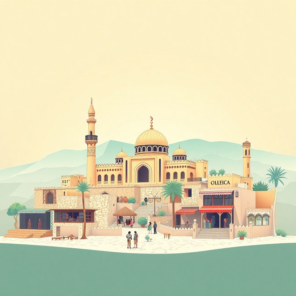 Ultra-high-definition gradient illustration of Daira de Sour el Ghozlane featuring the Daira de Sour el Ghozlane Mosque, ancient ruins, and local markets.