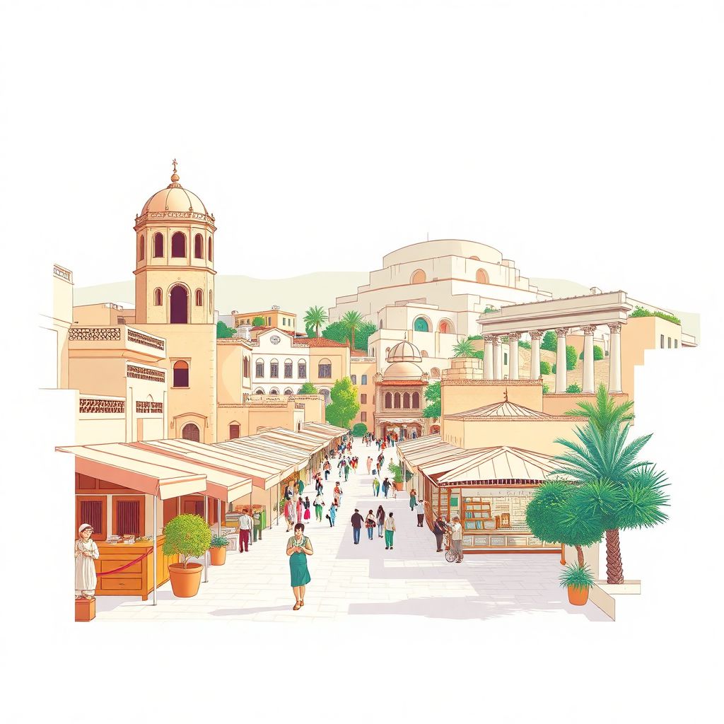 Ultra-high-definition gradient illustration style Souk Ahras, featuring the historic Souk Ahras Market and the ancient Roman ruins of Thagaste.