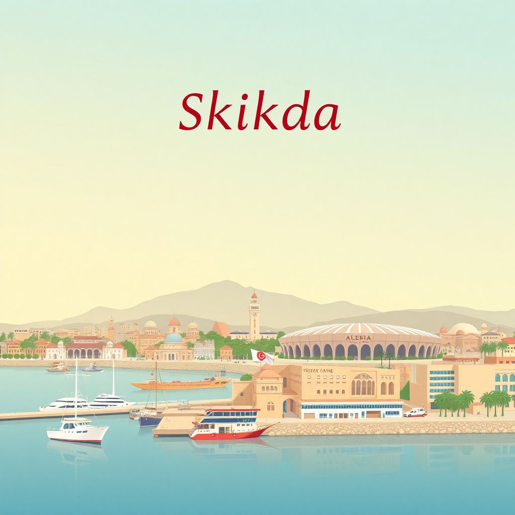 Ultra-high-definition gradient illustration style Skikda artwork, featuring the Port of Skikda and the Stade 20 Août 1955.