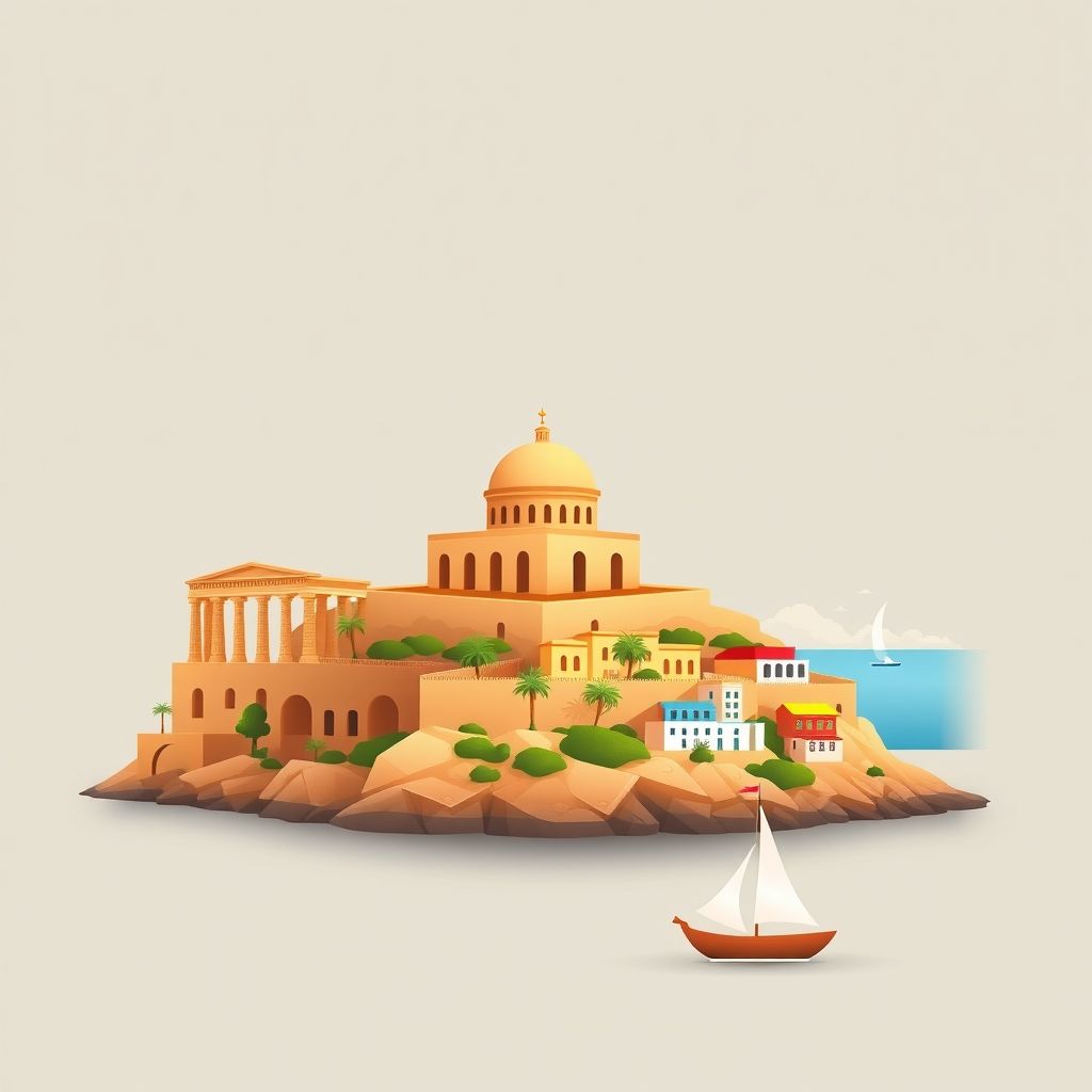 Ultra-high-definition gradient illustration of Sidi Mezghiche, Skikda, Algeria, featuring the Roman ruins of Rusicade, Mediterranean coastal views, and Makroudh.