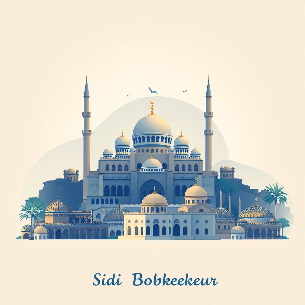 Ultra-high-definition gradient illustration style Commune de Sidi Boubekeur illustration, showing the unique charm of the Great Mosque of Saida, the ancient ruins of Saida, and couscous.