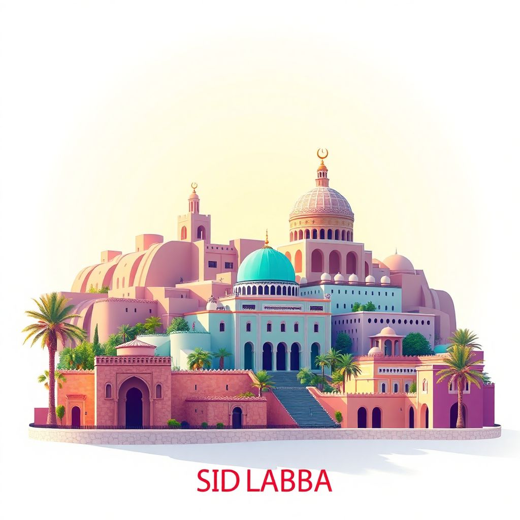 Ultra-high-definition gradient illustration of Sidi Bel Abbes, featuring the Sidi Bel Abbes Theater, the Great Mosque, traditional architecture, and Berber textiles.