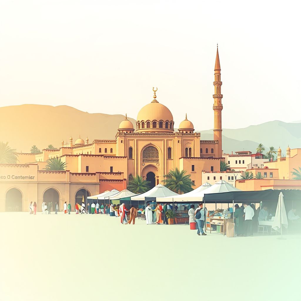 Ultra-high-definition gradient illustration of Daira de Sidi Bel Abbes, Sidi Bel Abbes, Algeria, featuring the Great Mosque and local market.