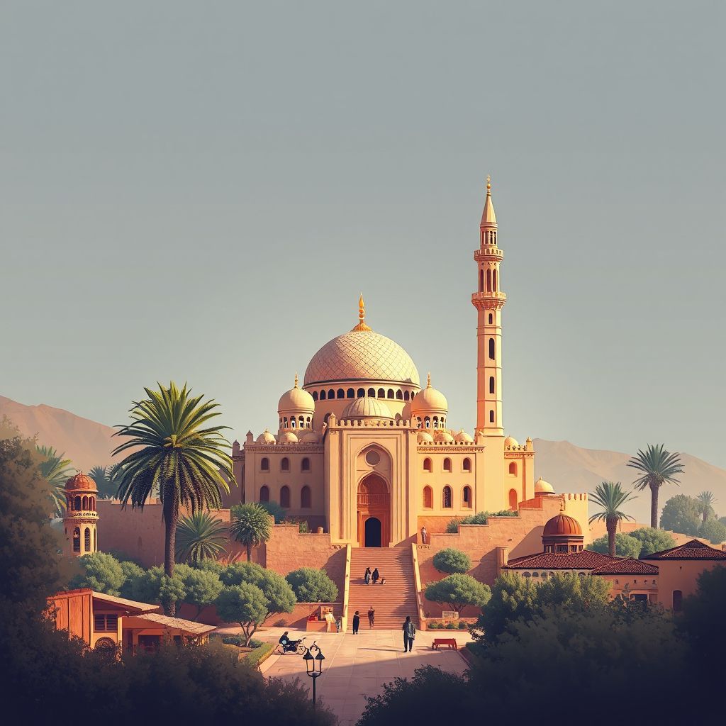 Gradient illustration of Commune de Sidi Ali Mellal, featuring the Sidi Ali Mellal Mosque and lush landscapes of Oued Lili.