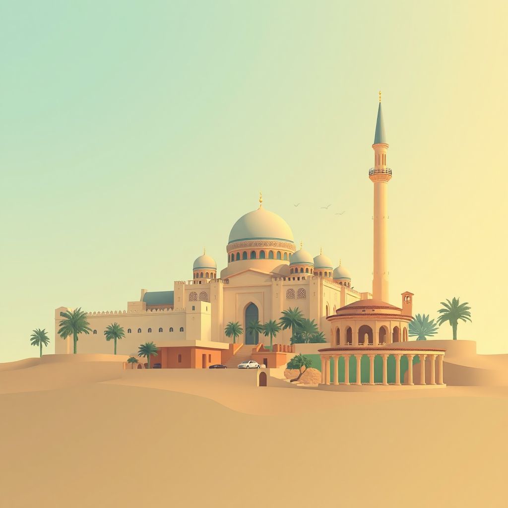 Ultra-high-definition gradient illustration style Commune de Sidi Ali Boussidi illustration, showing the unique charm of the Great Mosque of Sidi Bel Abbes, and the historic ruins of the Roman city of Altava.