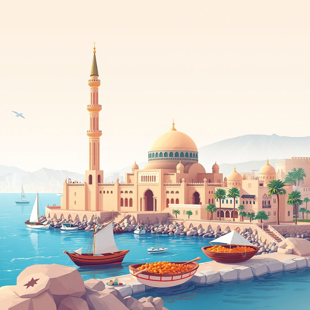 Ultra-high-definition gradient illustration of Daira de Sidi Ali, Mostaganem, Algeria, featuring the Hadj Mechri Central Mosque, the coastline, and traditional couscous.