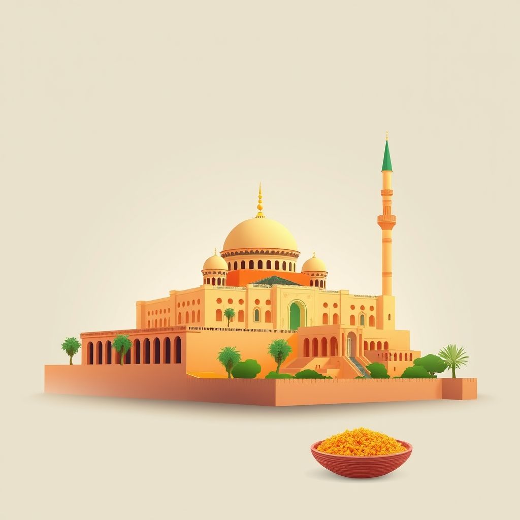 Ultra-high-definition gradient illustration of Commune de Sidi Abdelghani featuring the Great Mosque of Tlemcen, historic ruins of Tiaret, and traditional couscous.
