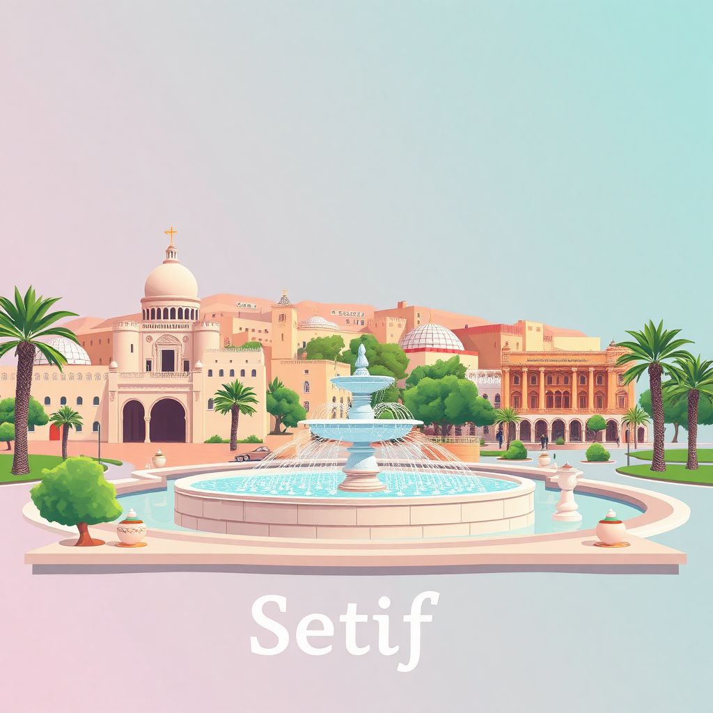 Ultra-high-definition gradient illustration style Setif image, showcasing the Ain El Fouara Fountain and the historic city center.
