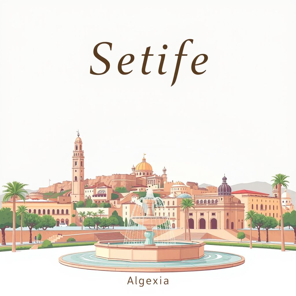 Gradient illustration style artwork of Setif, Algeria, featuring the Ain El Fouara fountain and historic city center.
