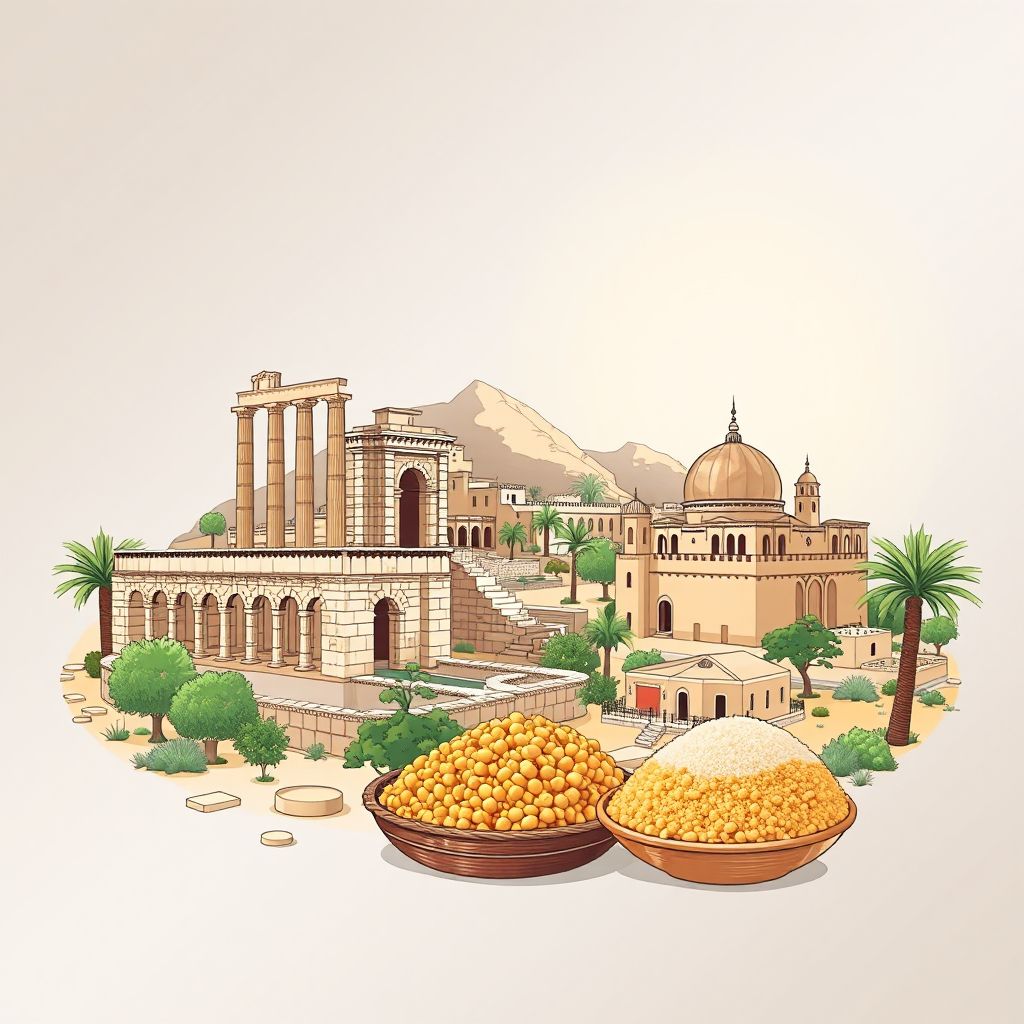 Ultra-high-definition gradient illustration style image of Commune de Sellaoua Announa, featuring the Roman ruins of Guelma and couscous.