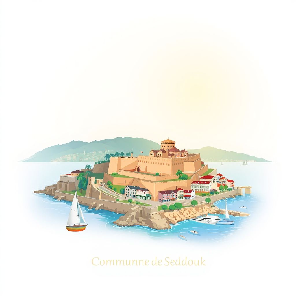 Ultra-high-definition gradient illustration style Commune de Seddouk illustration, showing the unique charm of the Bejaia Citadel and coastal views.