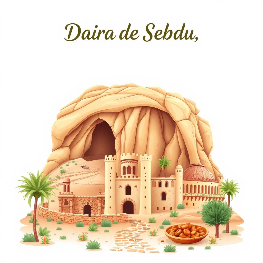 Ultra-high-definition gradient illustration style of Daira de Sebdou, featuring the Cave of Ain Beni Add, the ruins of Mansourah, and Makroudh.