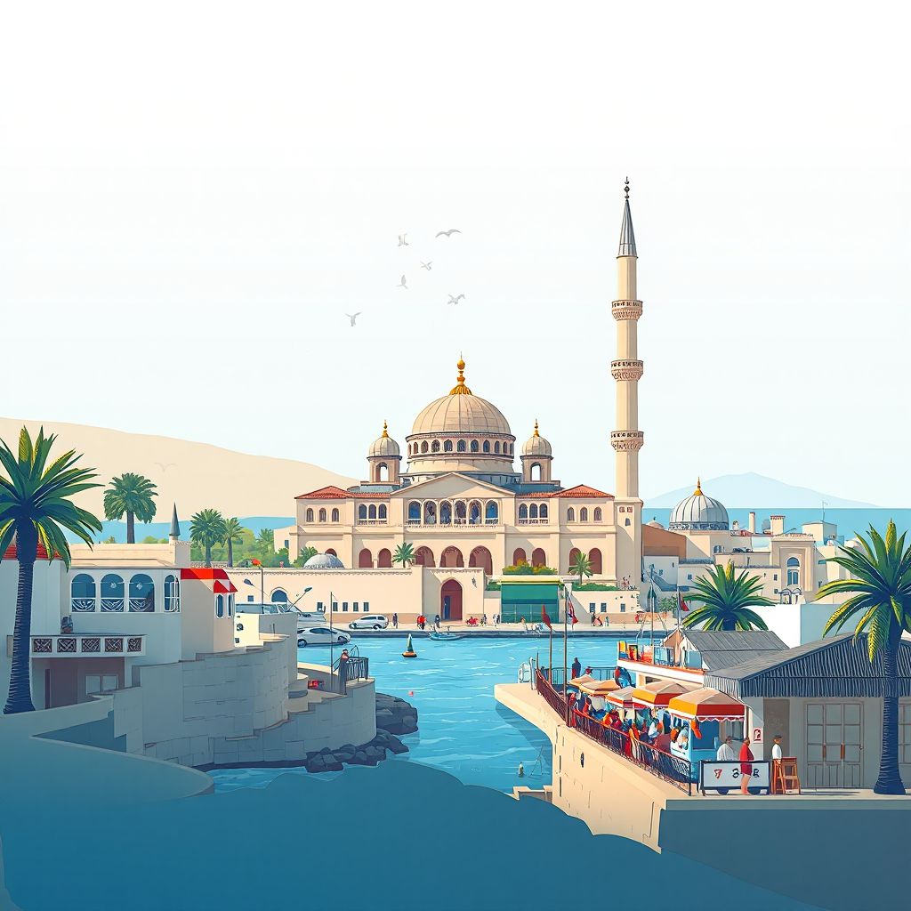 Ultra-high-definition gradient illustration style Commune de Salah Bouchaour illustration, showing the unique charm of the El Harrouch Mosque, the beautiful coastal views, and the local market.