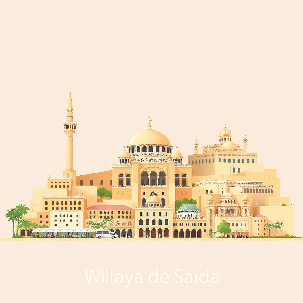 Ultra-high-definition gradient illustration of Wilaya de Saida, Saida, Algeria, featuring the Mausoleum of Sidi Ahmed El Kebir, Saida Market, and Saida Palace.