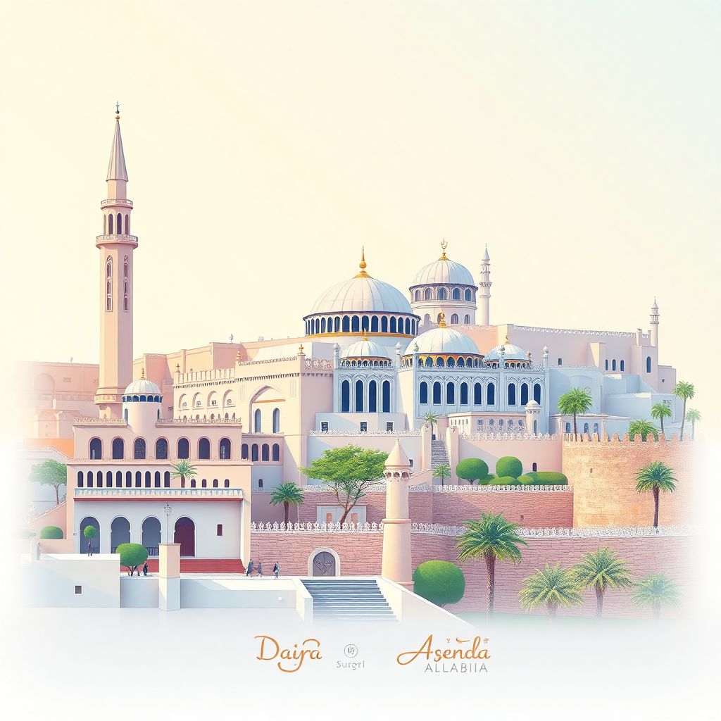 Ultra-high-definition gradient illustration style Daira de Saida illustration, showing the unique charm of the Saida Museum, the Grand Mosque, and the historic city walls.