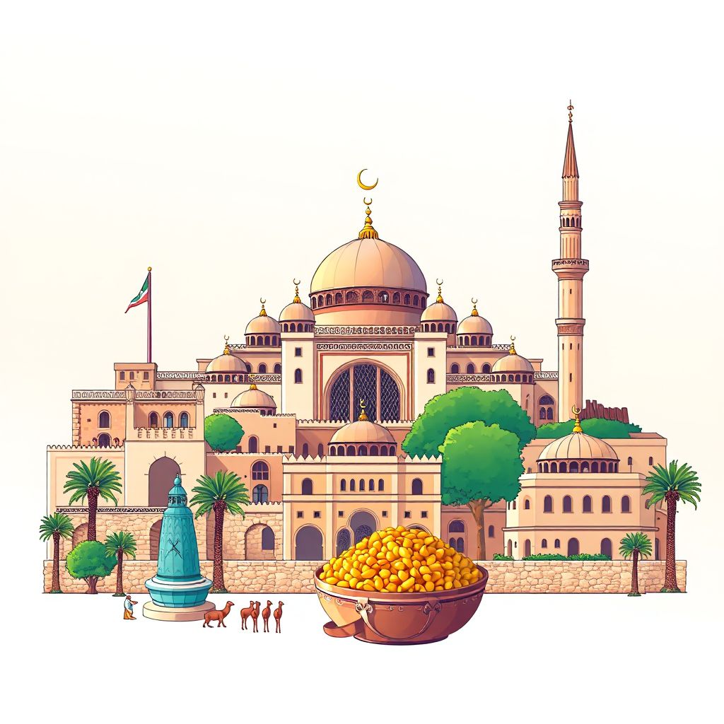 Ultra-high-definition gradient illustration style Commune de Saida illustration, showing the unique charm of the Great Mosque of Saida and the Saida Archaeological Museum.