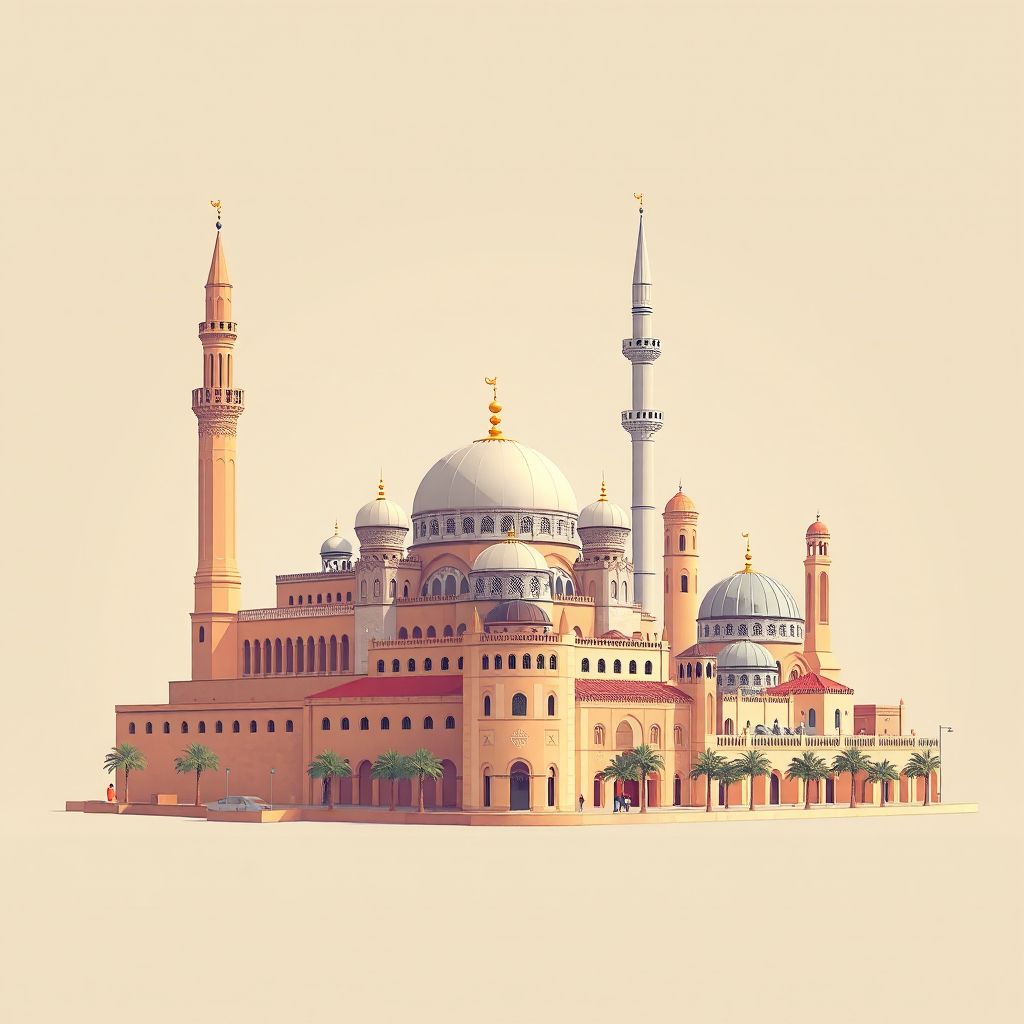 Ultra-high-definition gradient illustration style image of Commune de Sabra, featuring the Great Mosque of Tlemcen and the El Mechouar Palace.