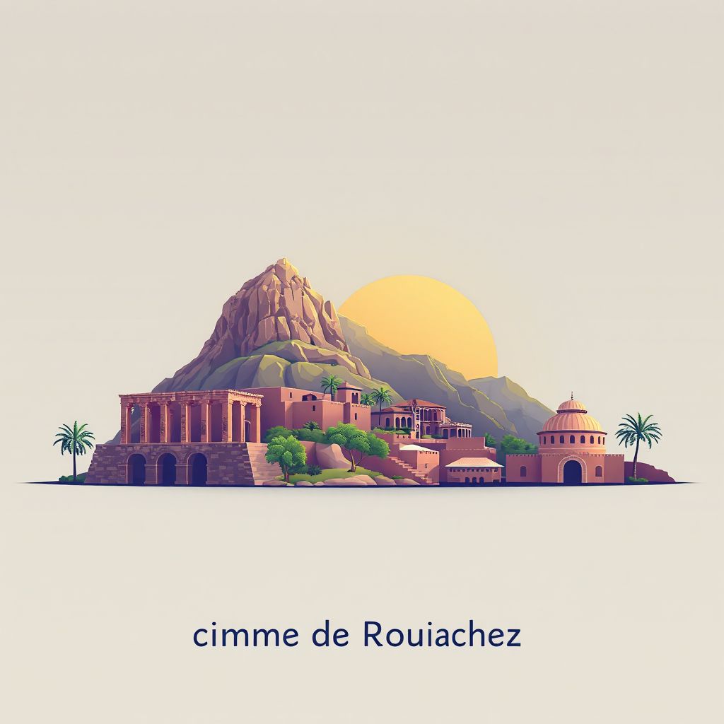 Ultra-high-definition gradient illustration style image of Commune de Rouached, featuring the ancient ruins of Djebel Aissa and traditional Algerian couscous.