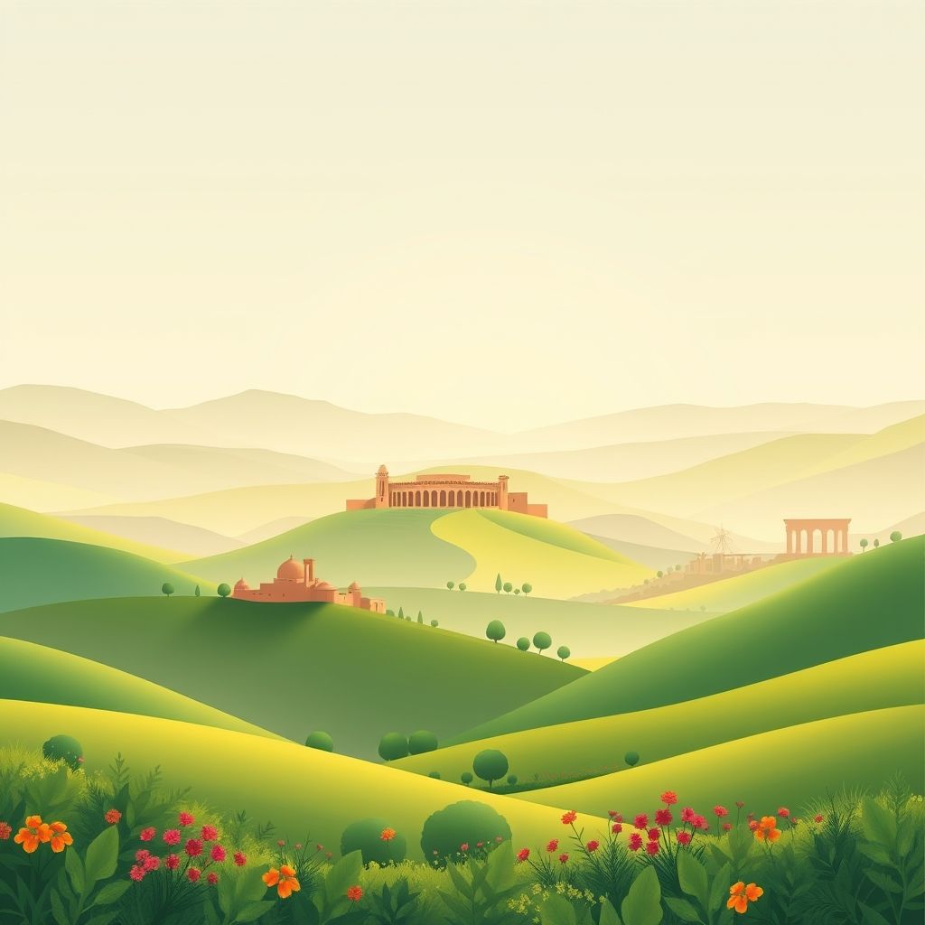 Ultra-high-definition gradient illustration of Commune de Roknia, featuring the Roman Theatre of Guelma, landscapes, Berber symbols, and couscous.