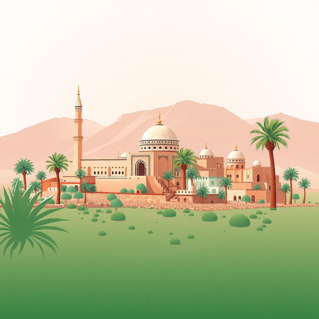 Ultra-high-definition gradient illustration style Commune de Robbah illustration, showing the unique charm of the El Oued Mosque, the ancient ksour, and the local date palm oases.