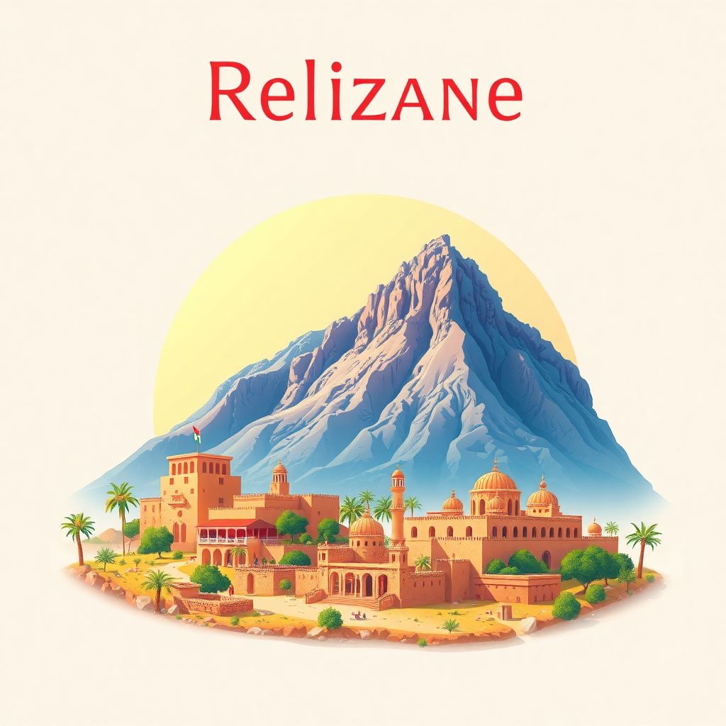 Ultra-high-definition gradient illustration of Relizane, Algeria, featuring Djebel Tessala, ancient ruins of Tigzirt, and traditional cuisine.