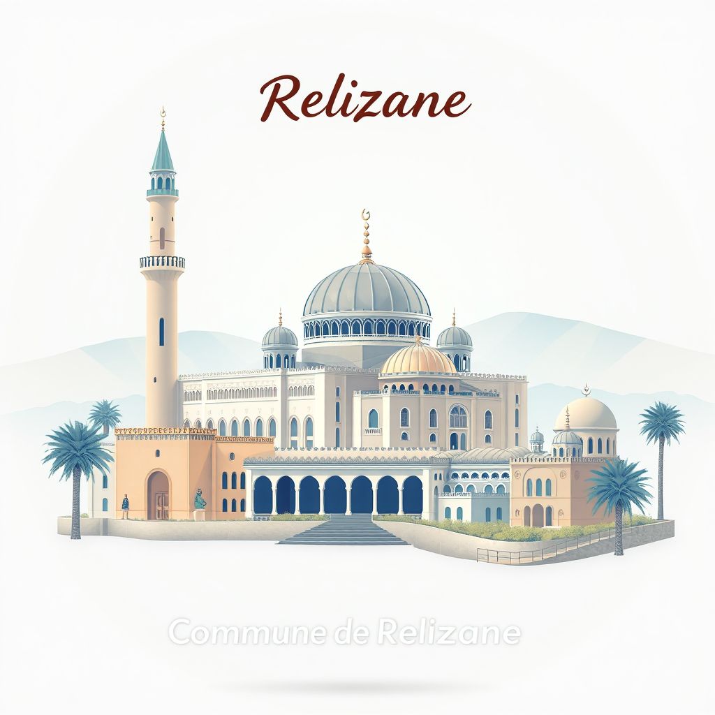 Ultra-high-definition gradient illustration style Commune de Relizane illustration, showing the unique charm of the Relizane Mosque and the Relizane Museum.