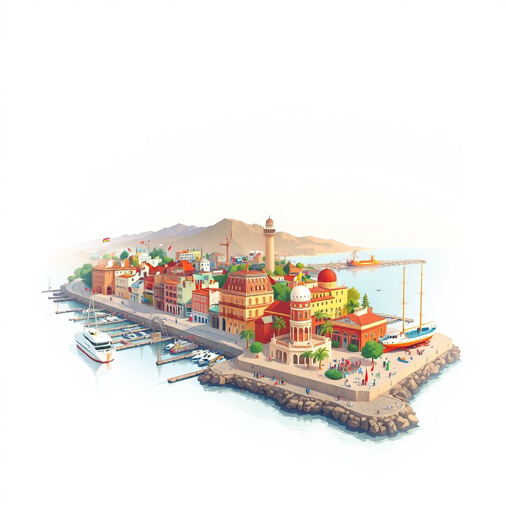 Ultra-high-definition gradient illustration style Commune de Ramdane Djamal illustration, showing the unique charm of the Skikda Port and the Mediterranean coastline.