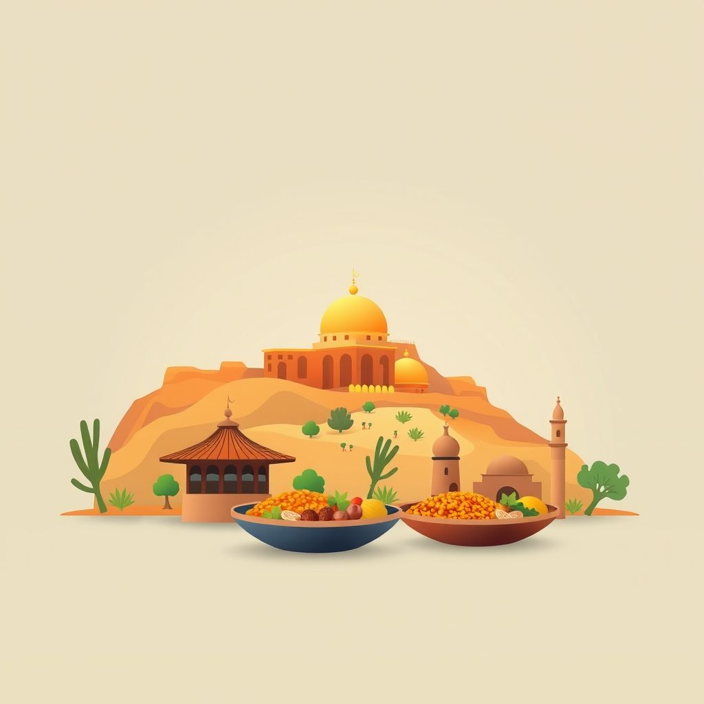 Ultra-high-definition gradient illustration of Commune d’Ouzera, featuring Djurdjura National Park, Chrea National Park, and local specialties like couscous and tagine.