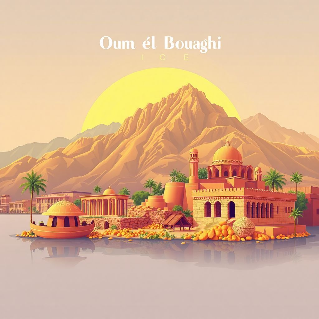 Ultra-high-definition gradient illustration of Oum el Bouaghi, Algeria, featuring Djebel El Tarf mountain range, Roman ruins of Madauros, and couscous.