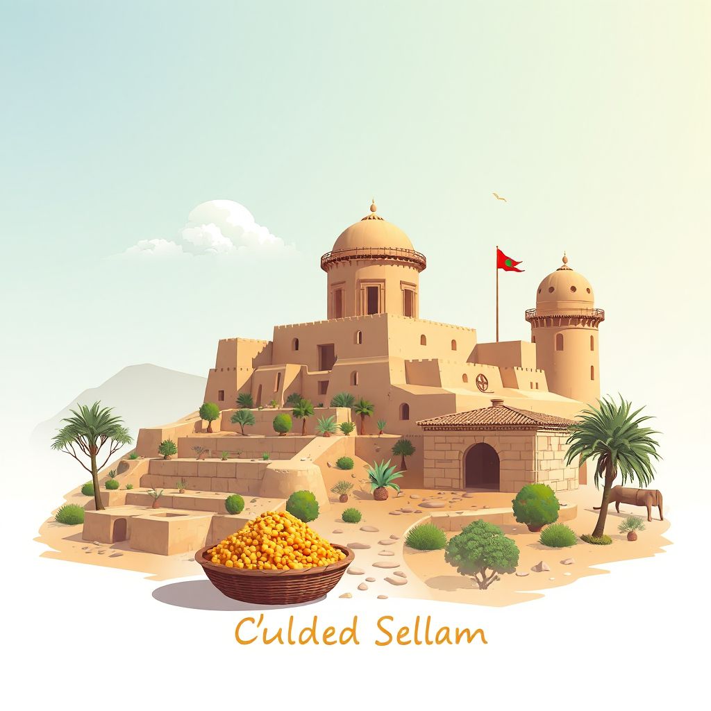 Ultra-high-definition gradient illustration of Commune d'Ouled Selam, featuring the ancient ruins of Timgad and traditional Algerian couscous.