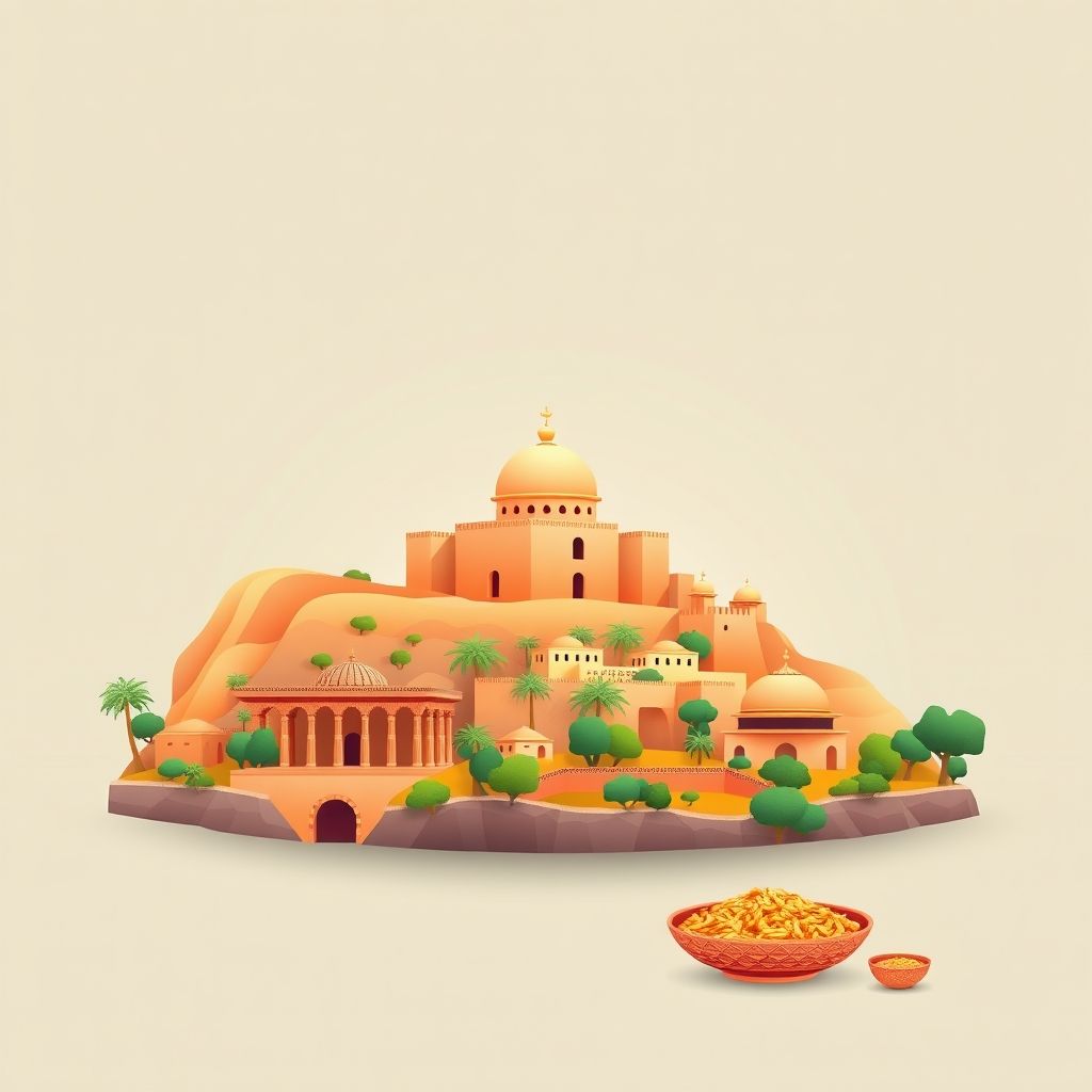 Ultra-high-definition gradient illustration of Commune d’Ouled Moussa, featuring Djurdjura National Park, Roman Ruins of Djemila, Berber jewelry, and couscous.