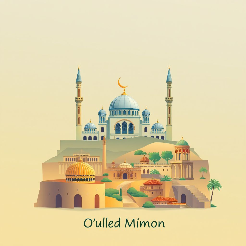 Ultra-high-definition gradient illustration style Commune d'Ouled Mimoun illustration, showing the unique charm of the Great Mosque of Tlemcen, the ruins of Mansourah, and traditional Algerian cuisine, couscous.