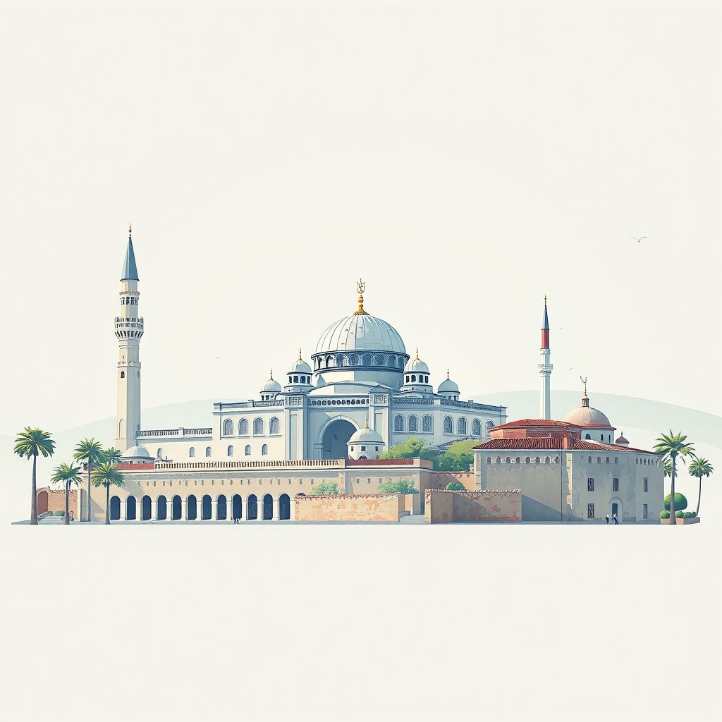 Ultra-high-definition gradient illustration of Commune d'Ouled Khaled, featuring the Great Mosque of Saida and historic ruins of Sidi Boubekeur.