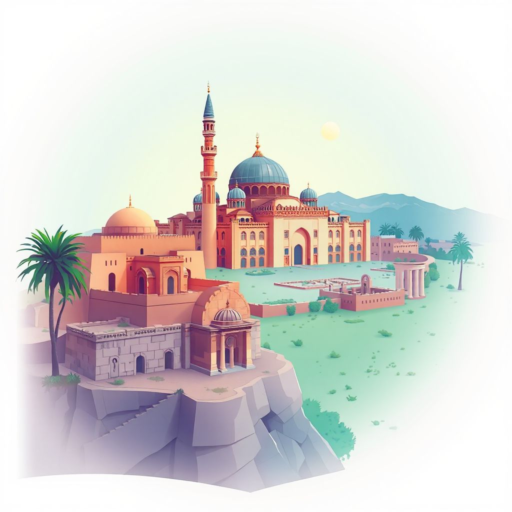 Ultra-high-definition gradient illustration style Sidi Abderrahmane illustration, showing the unique charm of the Great Mosque of Tiaret, the ruins of Tiaret, and couscous.