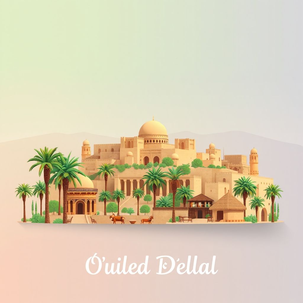 Ultra-high-definition gradient illustration style Commune d'Ouled Djellal illustration, showing the unique charm of the ancient ruins of Timgad, the beautiful palm groves, and traditional Algerian cuisine.