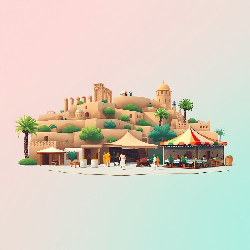 Ultra-high-definition gradient illustration of Commune d'Ouled Derradj, featuring ancient ruins of Tiddis and traditional Algerian market.