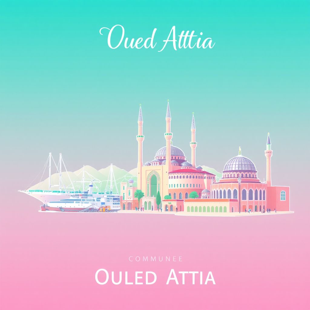 Ultra-high-definition gradient illustration of Commune d'Ouled Attia, featuring the Skikda Port and the Skikda Mosque.