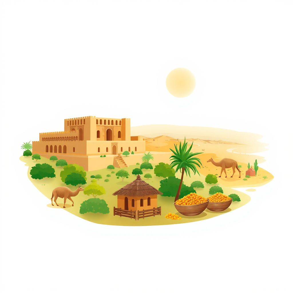 Ultra-high-definition gradient illustration style Commune d'Ouled Adi Guebala illustration, showing the unique charm of the historic ruins of Tiddis, the scenic beauty of the Saharan landscapes.
