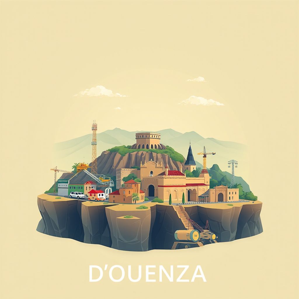 Ultra-high-definition gradient illustration style Commune d'Ouenza illustration, showing the unique charm of the Ouenza Iron Mine and the beautiful landscapes of the region.