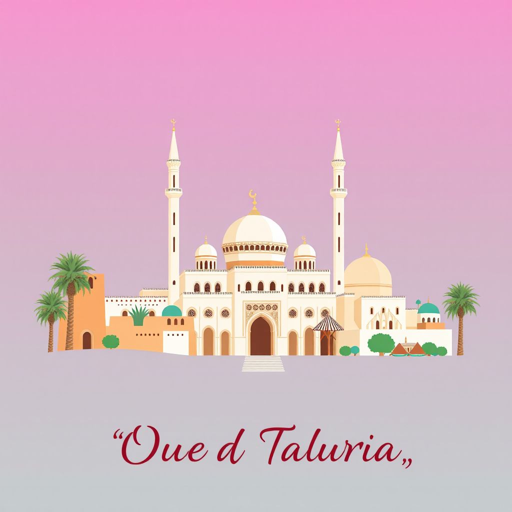 Ultra-high-definition gradient illustration style Commune d'Oued Taourira illustration, showing the unique charm of the Sidi Brahim Mosque and Couscous.