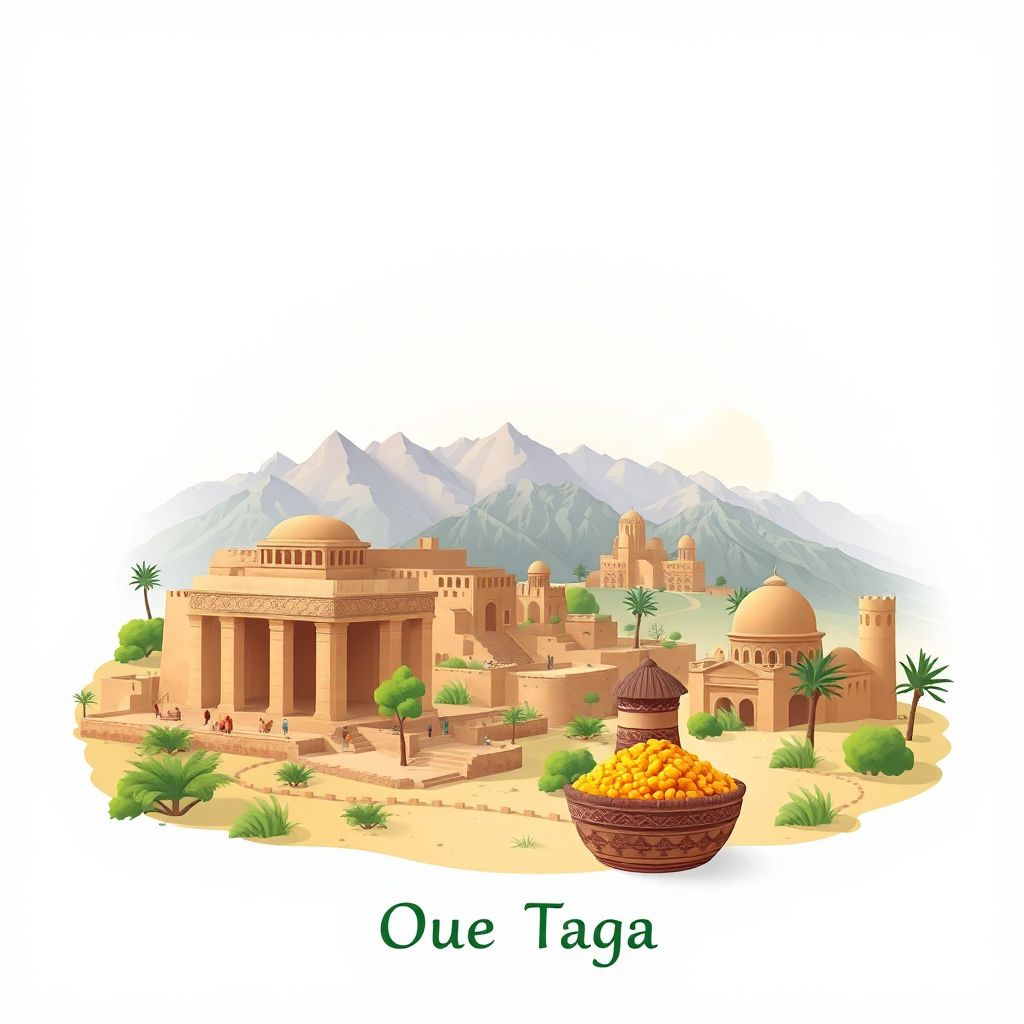 Ultra-high-definition gradient illustration style Commune d'Oued Taga illustration, showing the unique charm of the ancient ruins of Tiddis and the Aurès Mountains.