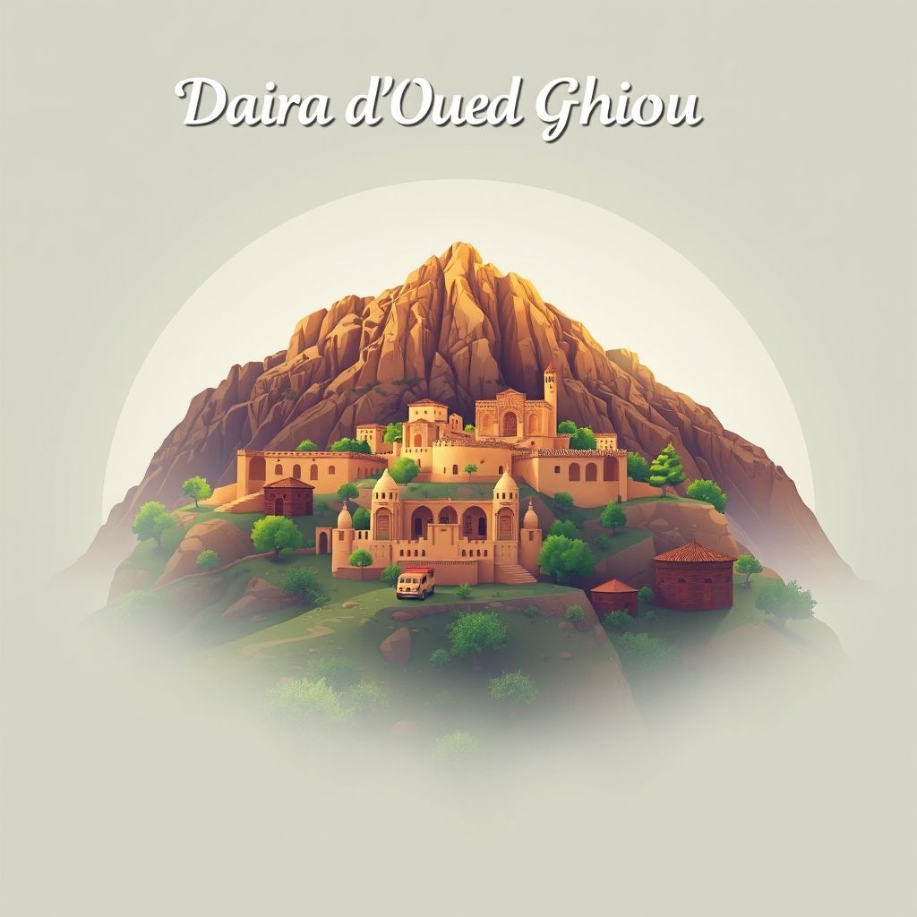 Ultra-high-definition gradient illustration of Daira d'Oued Ghiou, Relizane, Algeria, featuring the ancient ruins of Djebel Sahari and the Oued Ghiou Valley.