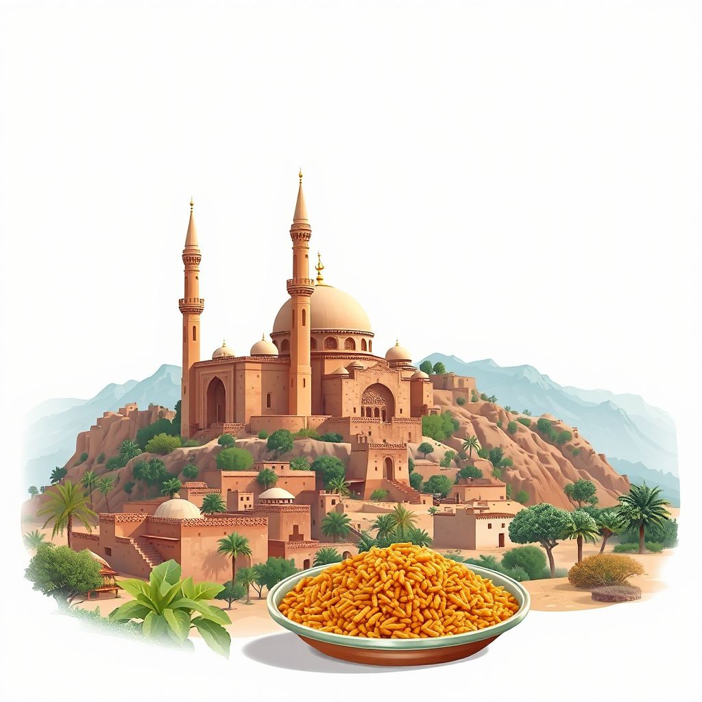 Ultra-high-definition gradient illustration style Ait Yahia Moussa illustration, showing the unique charm of the Tassaft Ouguemounath Mosque and the Djurdjura National Park.