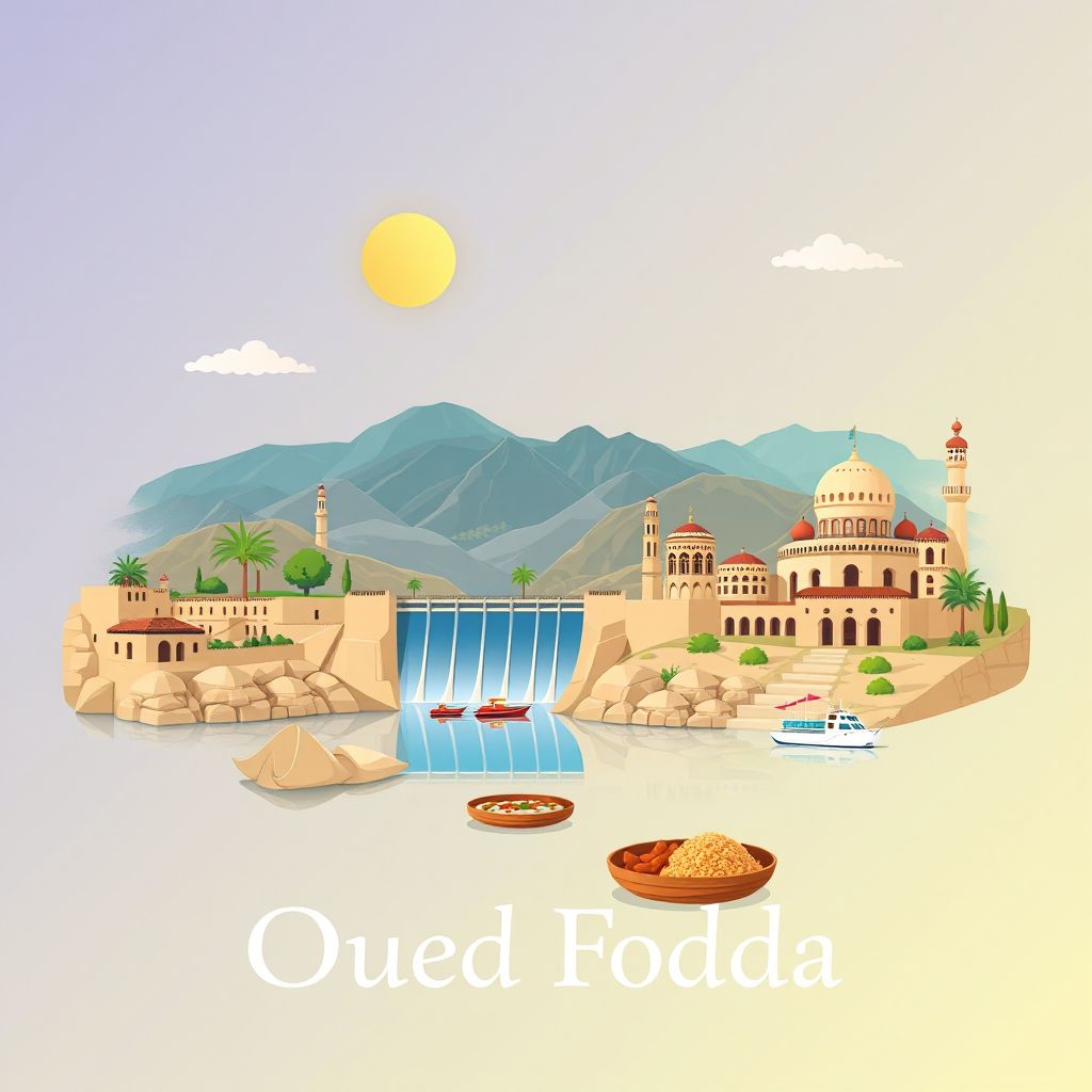 Ultra-high-definition gradient illustration style image of Commune d'Oued Fodda, featuring the Oued Fodda Dam and Couscous.