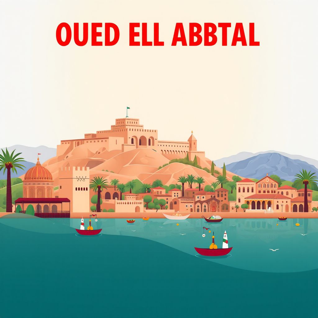 Gradient illustration of Commune d'Oued el Abtal, featuring the Mascara Citadel and traditional Algerian cuisine.
