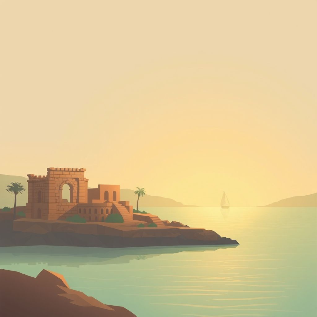 Ultra-high-definition gradient illustration of Commune d’Oued Berkeche, Hammam Bou Hadjar, Ain Temouchent, Algeria, featuring the Roman ruins of Siga, Ain Temouchent coastline, and local foods like couscous and tagine.